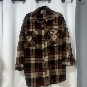 Zenana Outfitters Plaid Shacket in Brown, Cream & Orange